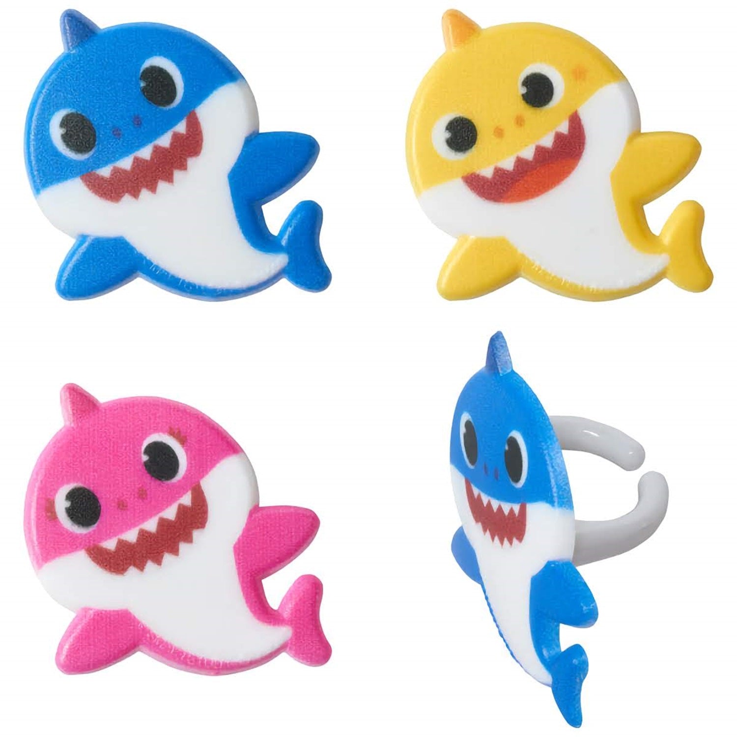 Adorable Baby Shark cupcake topper rings, featuring the catchy characters in bright colors, sure to make a splash at any kid's party, get them at Lynn's Cake, Candy, and Chocolate Supplies.