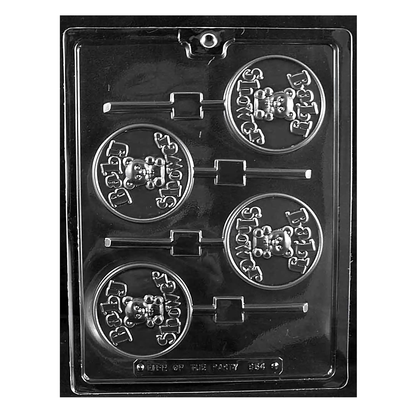 Plastic chocolate mold with baby shower-themed shapes like rattles and baby carriages for making celebratory lollipop treats.