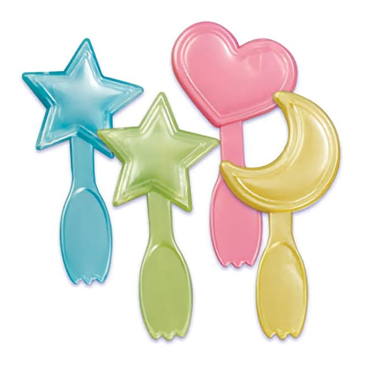 Colorful baby spoon cupcake picks in shapes of blue stars, green stars, pink hearts, and yellow moons, perfect for a whimsical touch on desserts at baby showers or children's birthday parties.