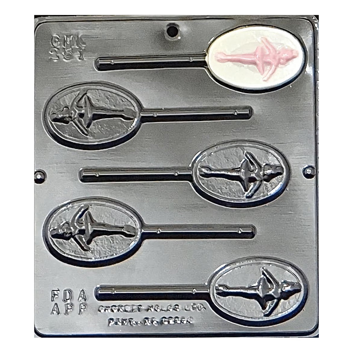 Displayed is a chocolate mold designed for making ballerina-shaped chocolate suckers. The mold has cavities in the form of elegant ballerinas in different poses, complete with a space for inserting sucker sticks.