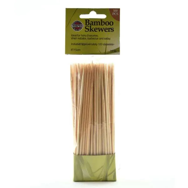Retail packaging of bamboo skewers, labeled as 6" and 100 pieces, ideal for cooking and crafts.