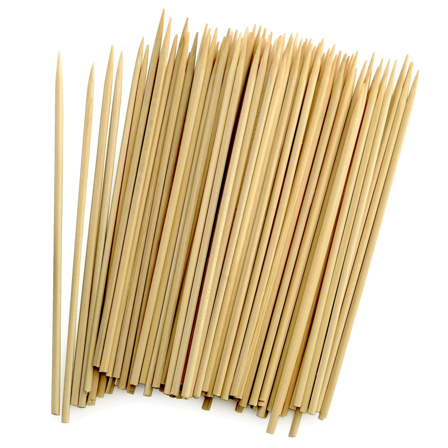 Close-up of a large bundle of 6-inch bamboo skewers, showing pointed tips and natural wood texture.