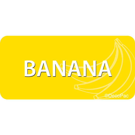 Bright yellow label with the word "Banana" in bold white letters and a subtle outline of banana bunches in the background.
