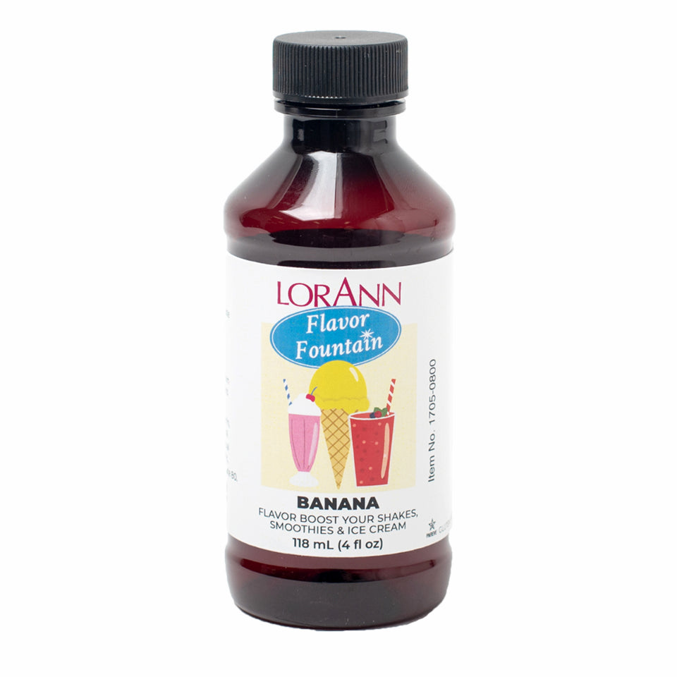 Bottle of LorAnn Banana Flavor Fountain with label featuring milkshakes and ice cream cone, used for flavoring smoothies, ice cream, and frozen drinks