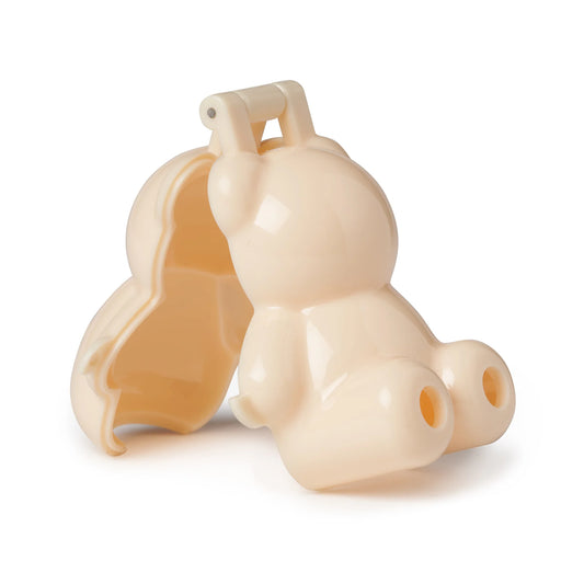 Open bear cake pop mold in beige plastic, showing two curved halves with detailed interior for shaping cake dough into a teddy bear form.