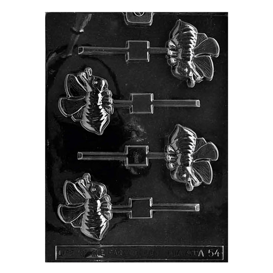 Clear plastic lollipop mold with four bee-shaped cavities on built-in stick channels and square anchors; plump bodies with banded stripes and veined wings; cavities about 2.5 x 2 inches; bee lollipop chocolate mold for party favors and garden themes.
