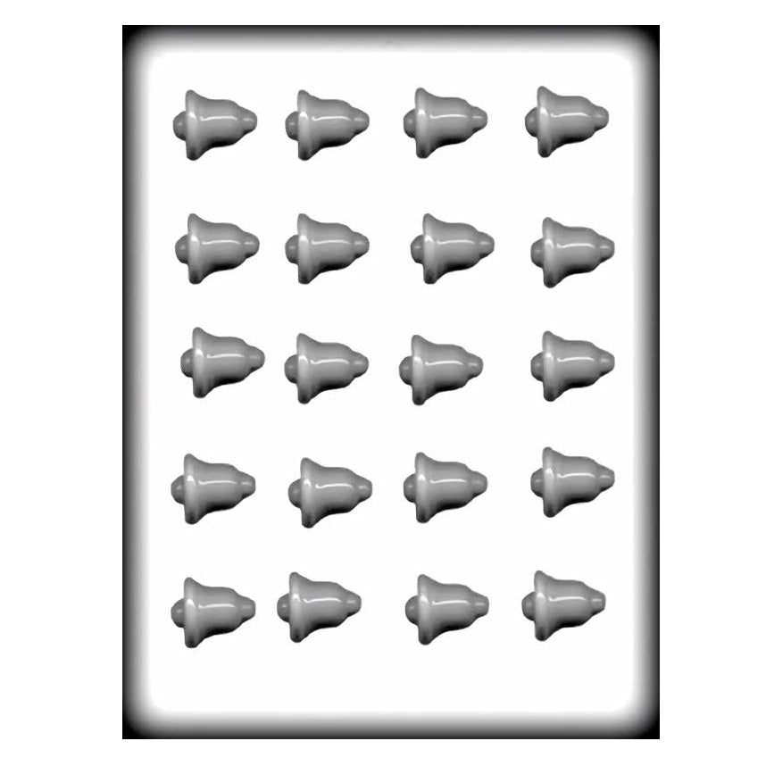 A hard candy mold that makes small bell shapes. This mold makes 20 bells in each batch. It is made of hard white plastic.