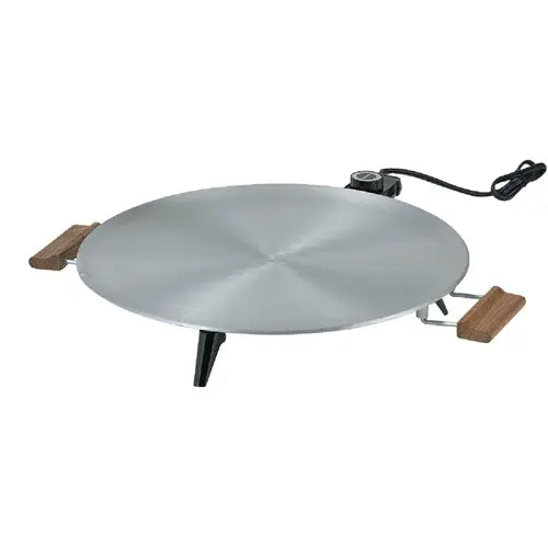Bethany Heritage 16-inch electric lefse grill with polished aluminum surface and hardwood handles.