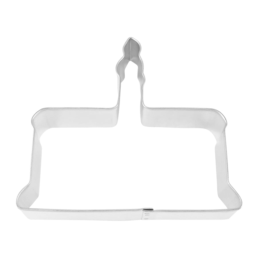 Steel cookie cutter in the shape of a rectangular birthday cake with a candle on top.