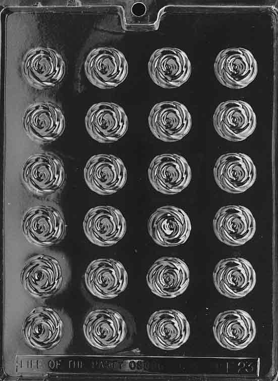 Transparent chocolate mold with a 5-by-5 grid of round rose cavities, each showing layered petals; glossy plastic surface reflecting light; bite-size roses mold for candy making.