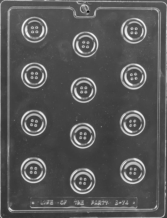 Clear multi-cavity chocolate mold featuring small round button shapes with a raised rim and four stitch holes, arranged in rows on a glossy plastic sheet.