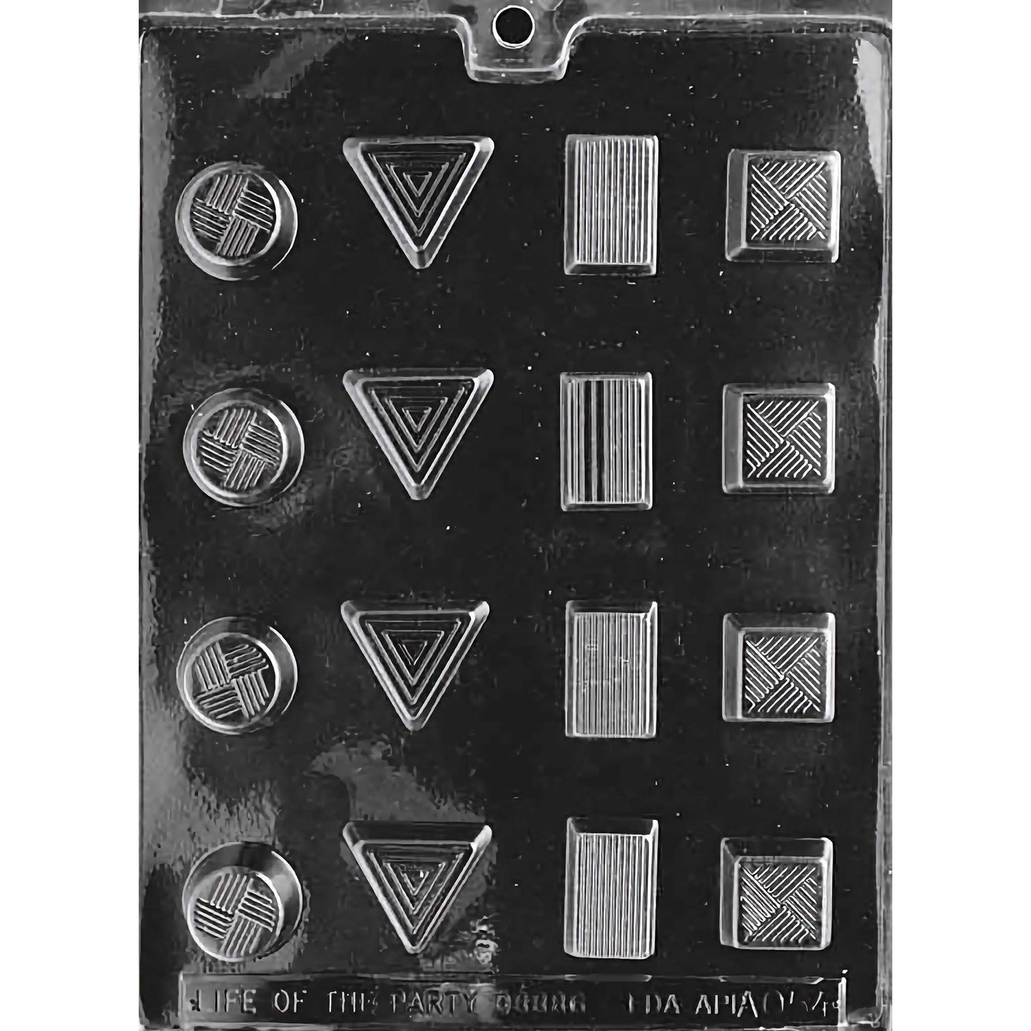 Bite-sized Pieces Variety Chocolate Mold with 16 cavities, featuring various shapes and designs including circles, triangles, and squares with intricate line patterns. Each cavity is 1/2 inch deep, made of food-grade plastic, and manufactured in the USA.