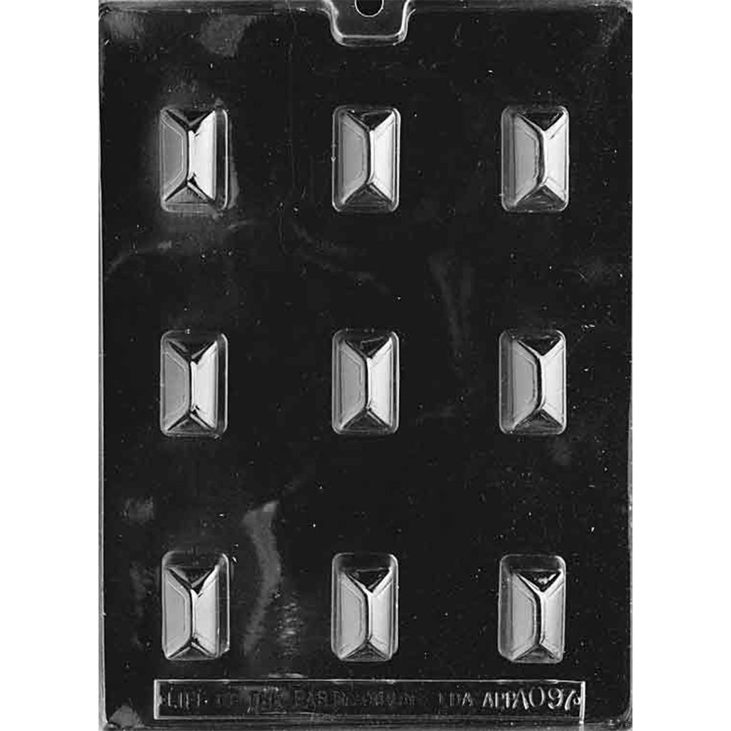 Clear plastic chocolate mold with nine small envelope-shaped cavities featuring a raised geometric center design.