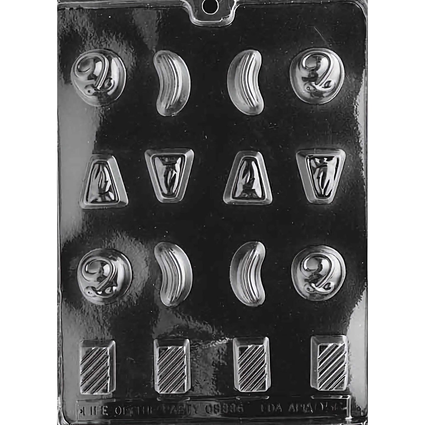 Bite-sized Pieces Variety Chocolate Mold with 12 cavities, featuring various shapes and designs including numbers, swirls, and triangles. Each cavity is 1/2 inch deep, made of food-grade plastic, and manufactured in the USA.
