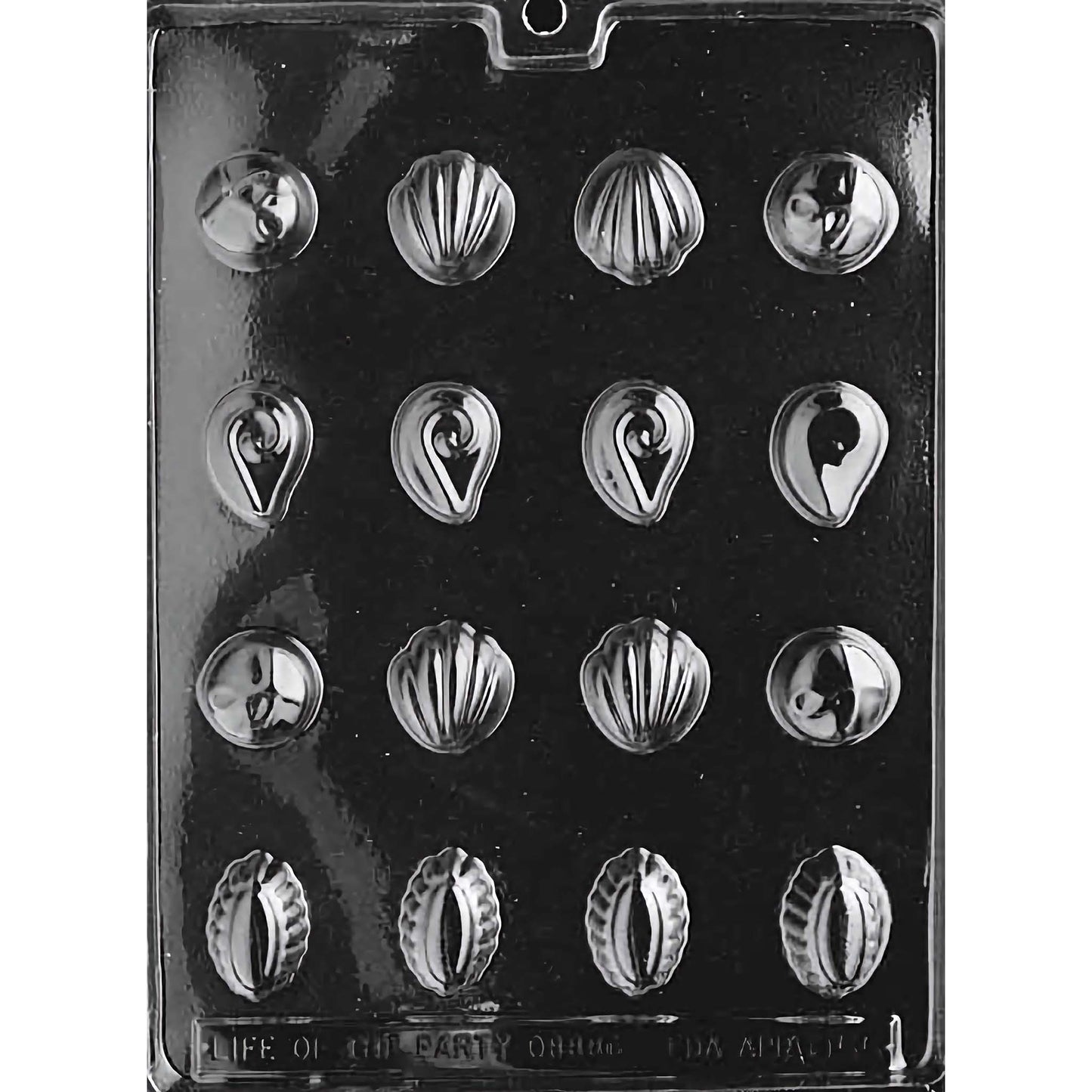 Bite-sized Pieces Variety Chocolate Mold with 16 cavities, featuring various shapes and designs including shells, teardrops, and other unique patterns. Each cavity is 1/2 inch deep, made of food-grade plastic, and manufactured in the USA.