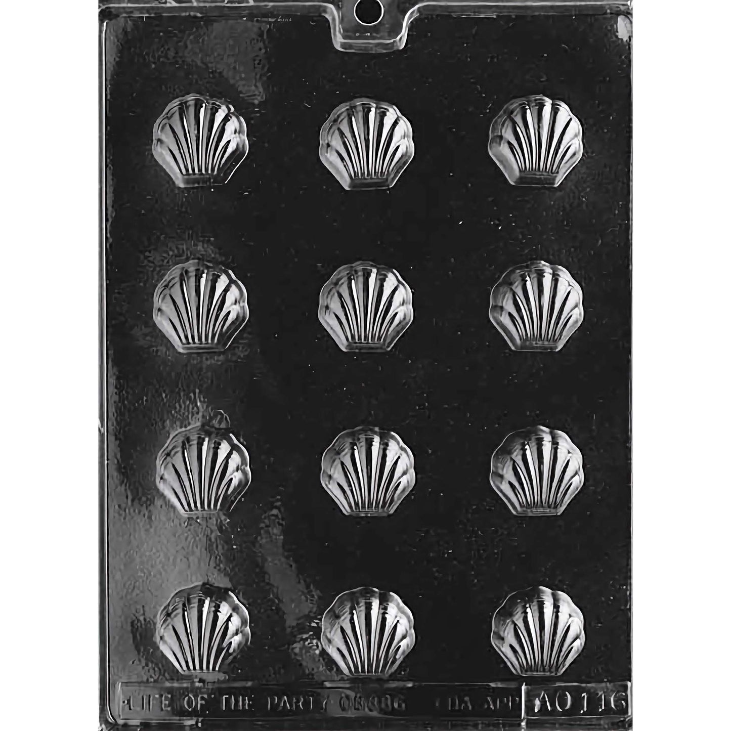 Clear plastic chocolate mold designed for making bite-sized shell-shaped bon-bons, featuring twelve compartments arranged in three rows of four. Each compartment is intricately shaped like a seashell with detailed ridges.