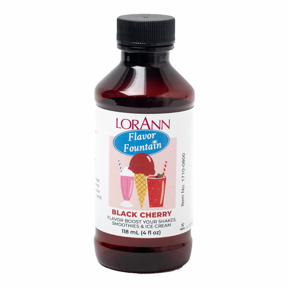 LorAnn Black Cherry Flavor Fountain bottle with label showing ice cream and milkshakes, used to flavor smoothies, shakes, and frozen desserts