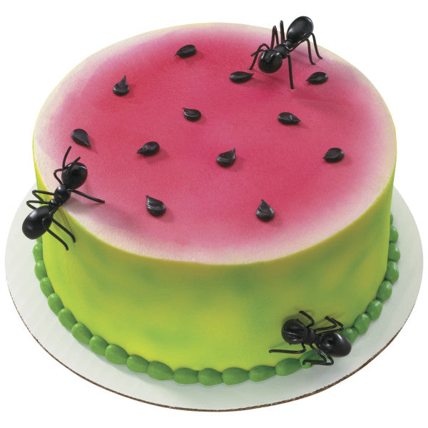 Round watermelon-themed cake with green and pink icing, decorated with 3D plastic ant toppers and black icing “seeds” for a picnic-inspired look.