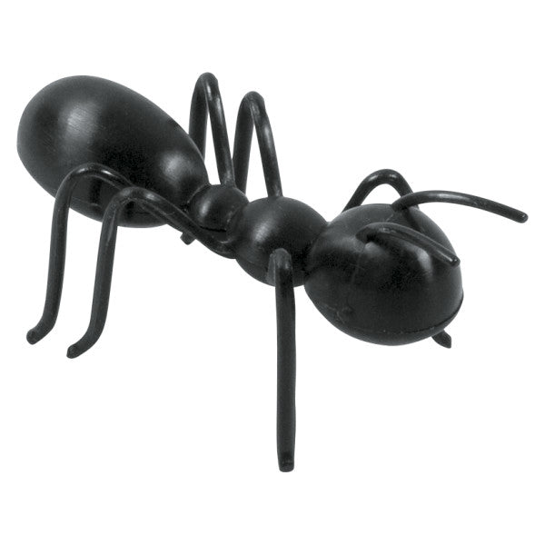 Black plastic 3D ant cake topper with six curved legs and detailed body, approximately 2 inches long, shown on a white background.
