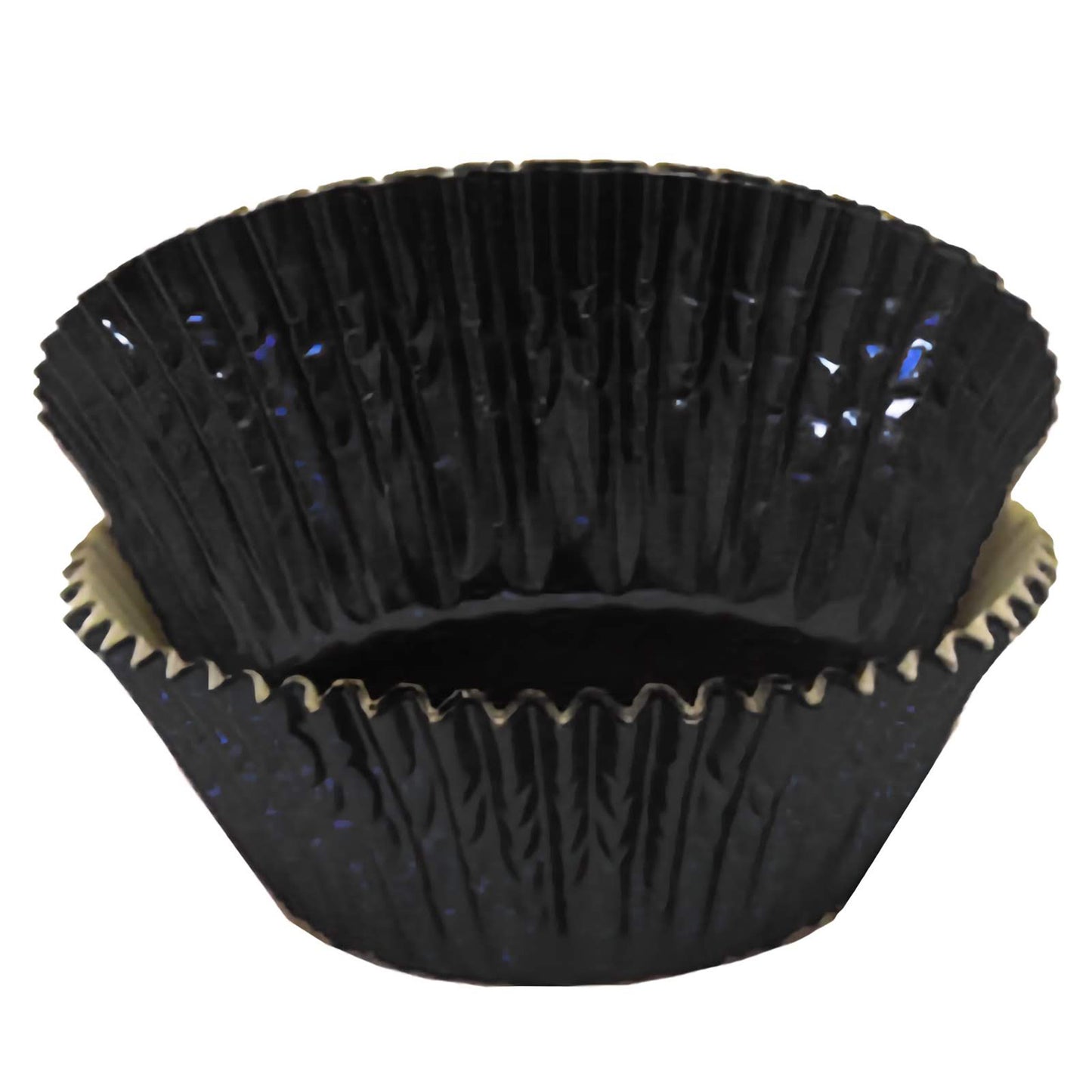 Standard-sized black foil baking cups, stacked together. The cups feature a shiny, reflective black surface, providing a sleek and elegant look for any dessert display.