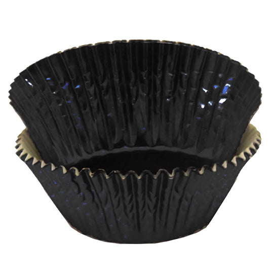 Standard-sized black foil baking cups, stacked together. The cups feature a shiny, reflective black surface, providing a sleek and elegant look for any dessert display.