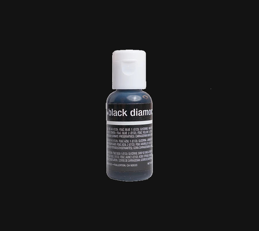 A sleek bottle of chefmaster food coloring with a white cap, marked "black diamond". The label contains white text detailing the product contents against a background that has a deep, dark hue, similar to the intense black of the gel within.