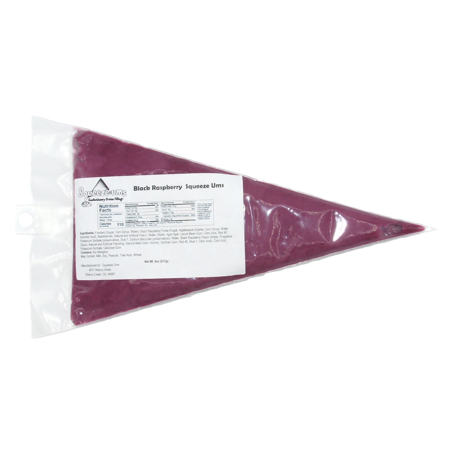 Black Raspberry Squeeze-Ums in an 8 oz squeeze bag, ready-to-use candy cream filling for chocolates, cupcakes, or cakes.