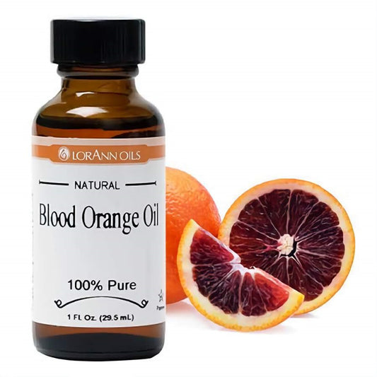 1 fl oz bottle of LorAnn Natural Blood Orange Oil, 100% pure, presented with a sliced blood orange, signifying the vibrant citrus flavoring derived from the fruit.