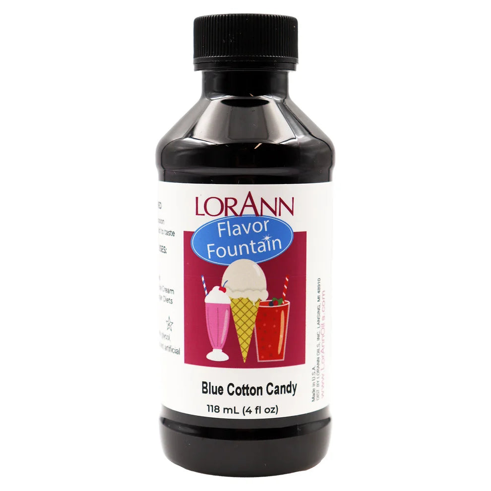 LorAnn Blue Cotton Candy Flavor Fountain in a 4 fl oz dark bottle with black cap and white label featuring colorful ice cream and beverage illustrations.