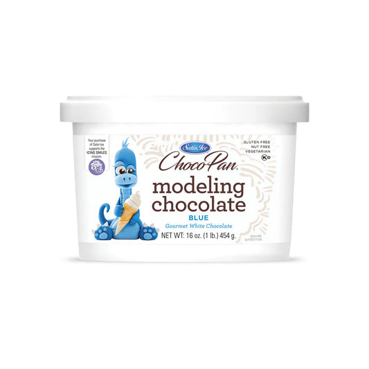 Satin Ice ChocoPan blue modeling chocolate tub, 16 oz, gourmet white chocolate.