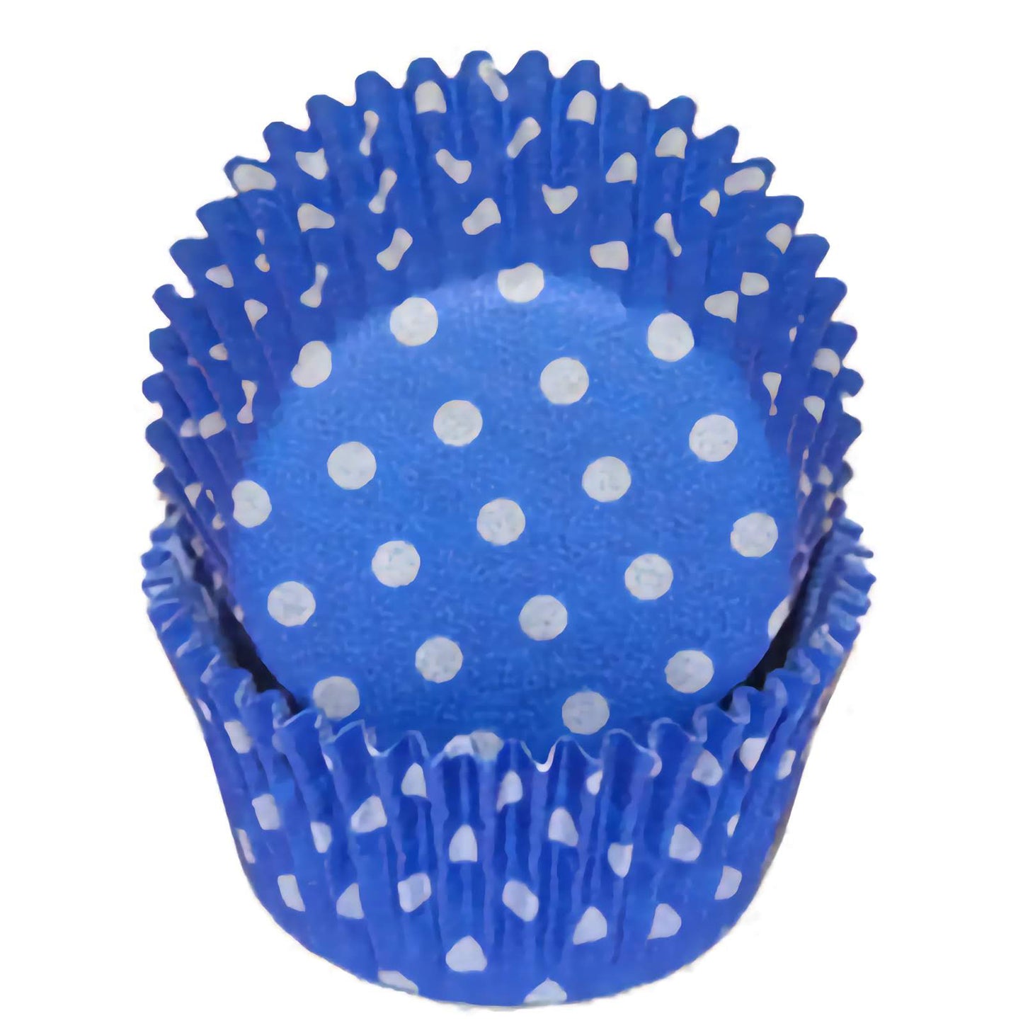 Blue cupcake baking cup with white polka dots, displayed in a nested stack.