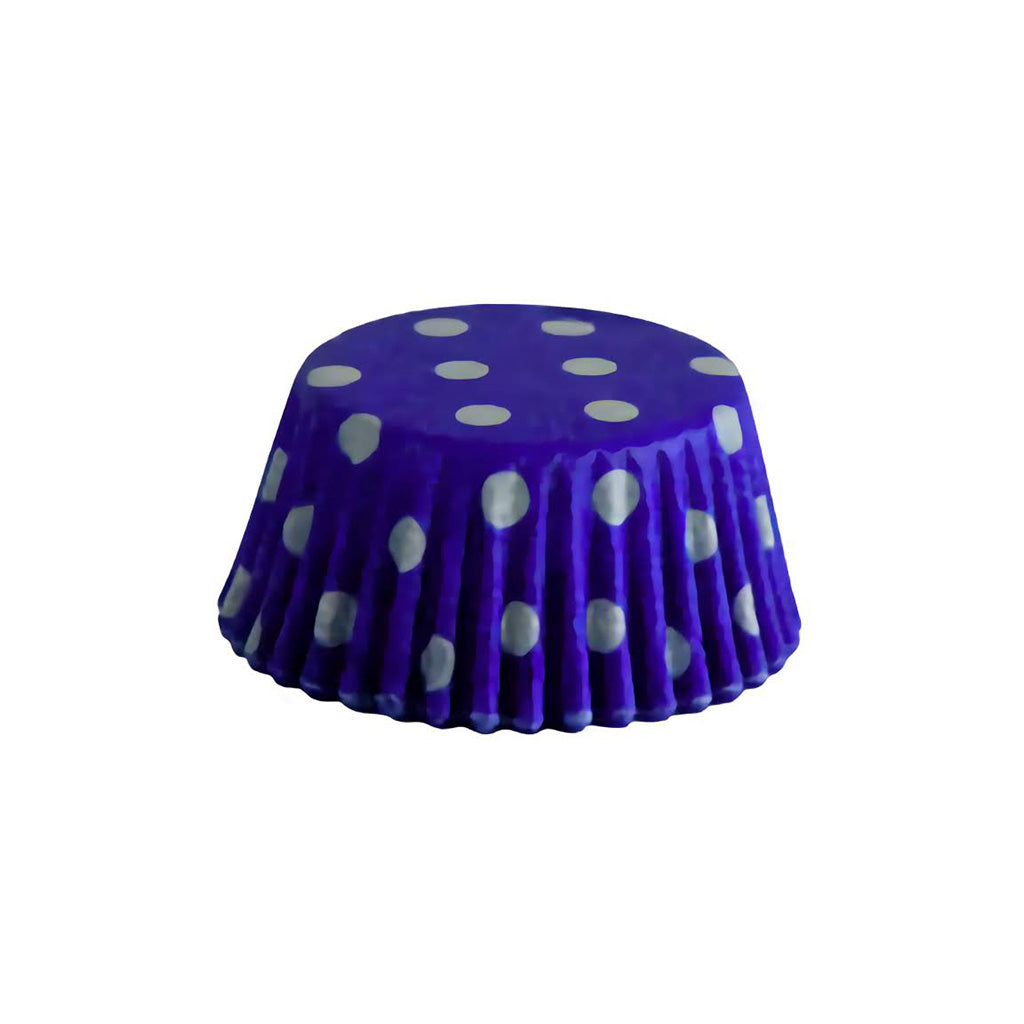Single blue mini polka dot baking cup with fluted edge