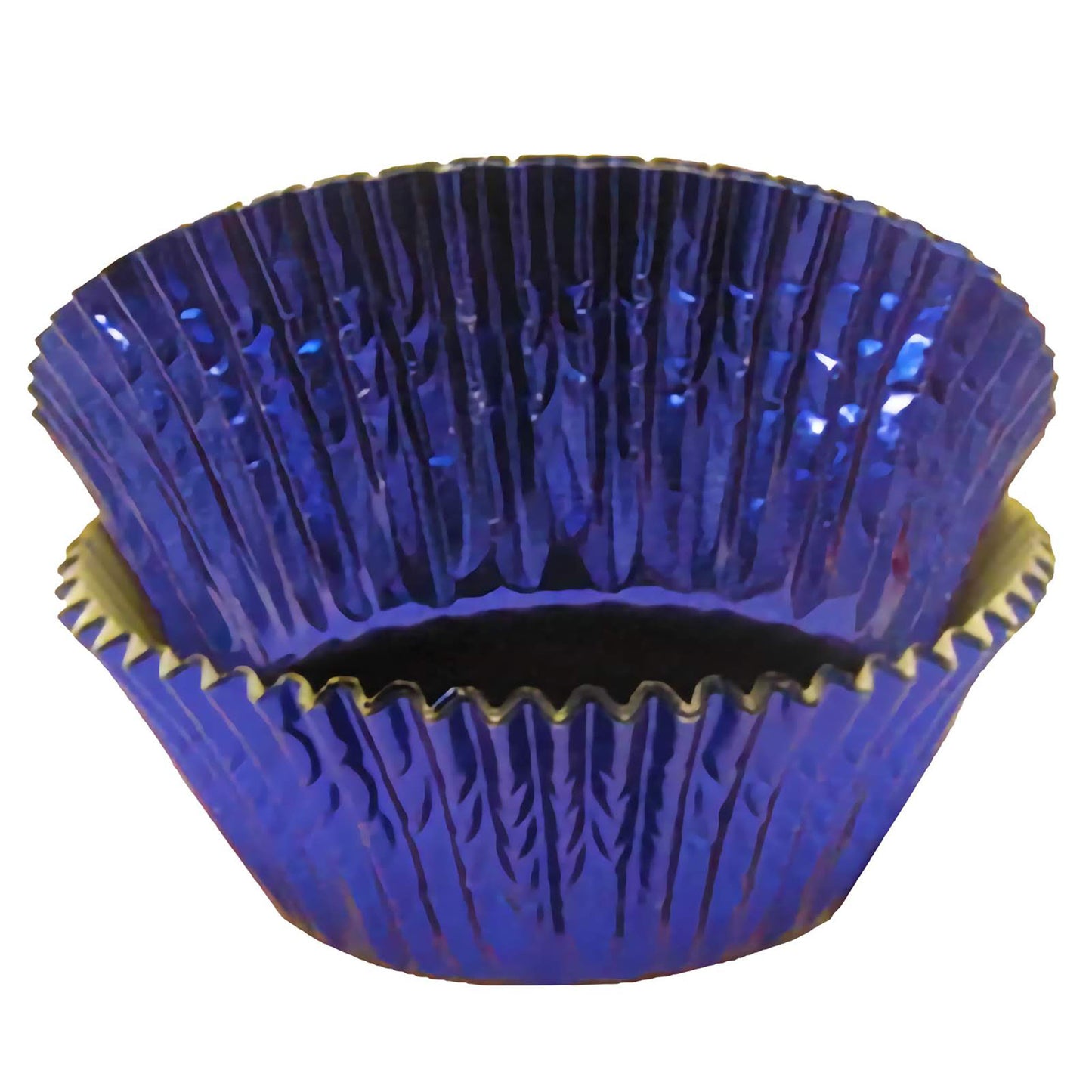 Standard-sized blue foil baking cups, neatly stacked. These cups have a shiny, reflective surface that highlights the deep blue color, perfect for various themed parties and events.