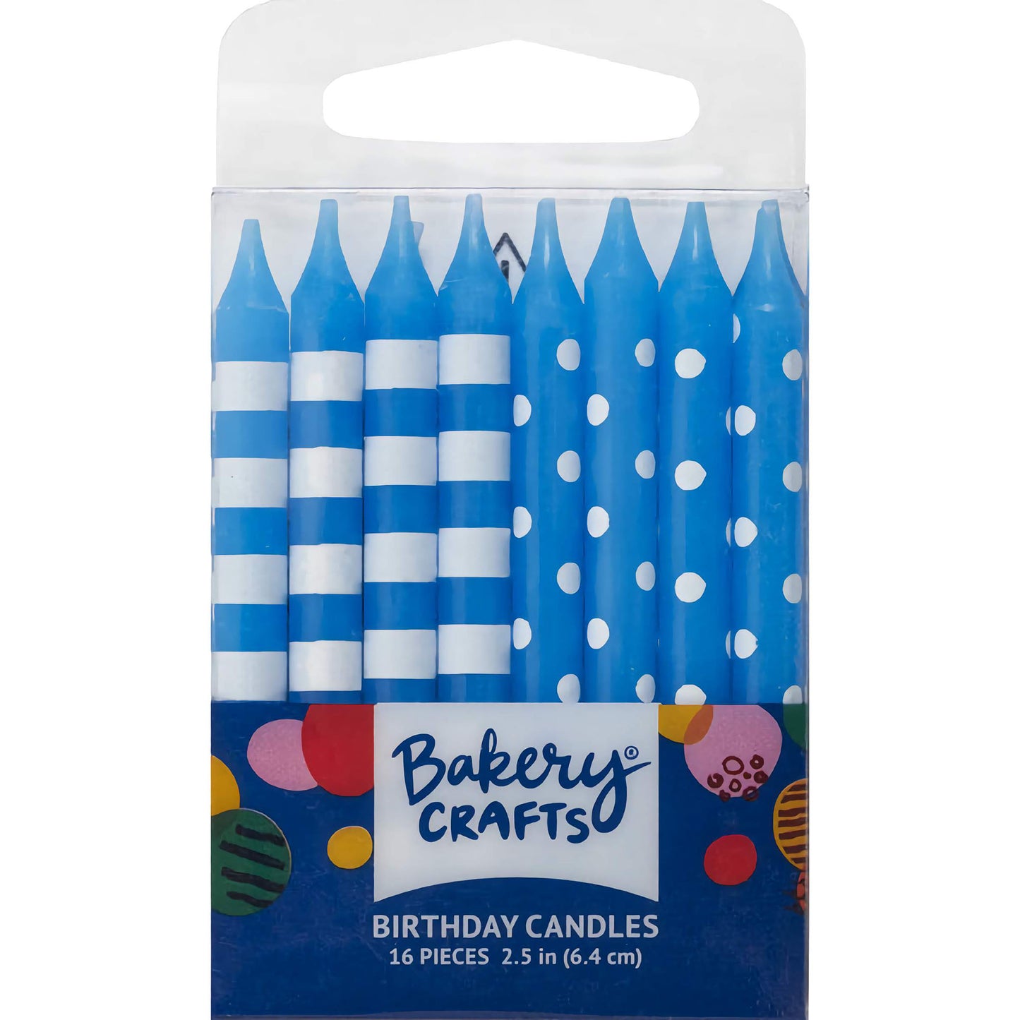Blue Stripes & Dots Birthday Candles - 16 Pack, featuring candles in blue with white stripes and polka dots, perfect for adding a festive touch to any birthday celebration.