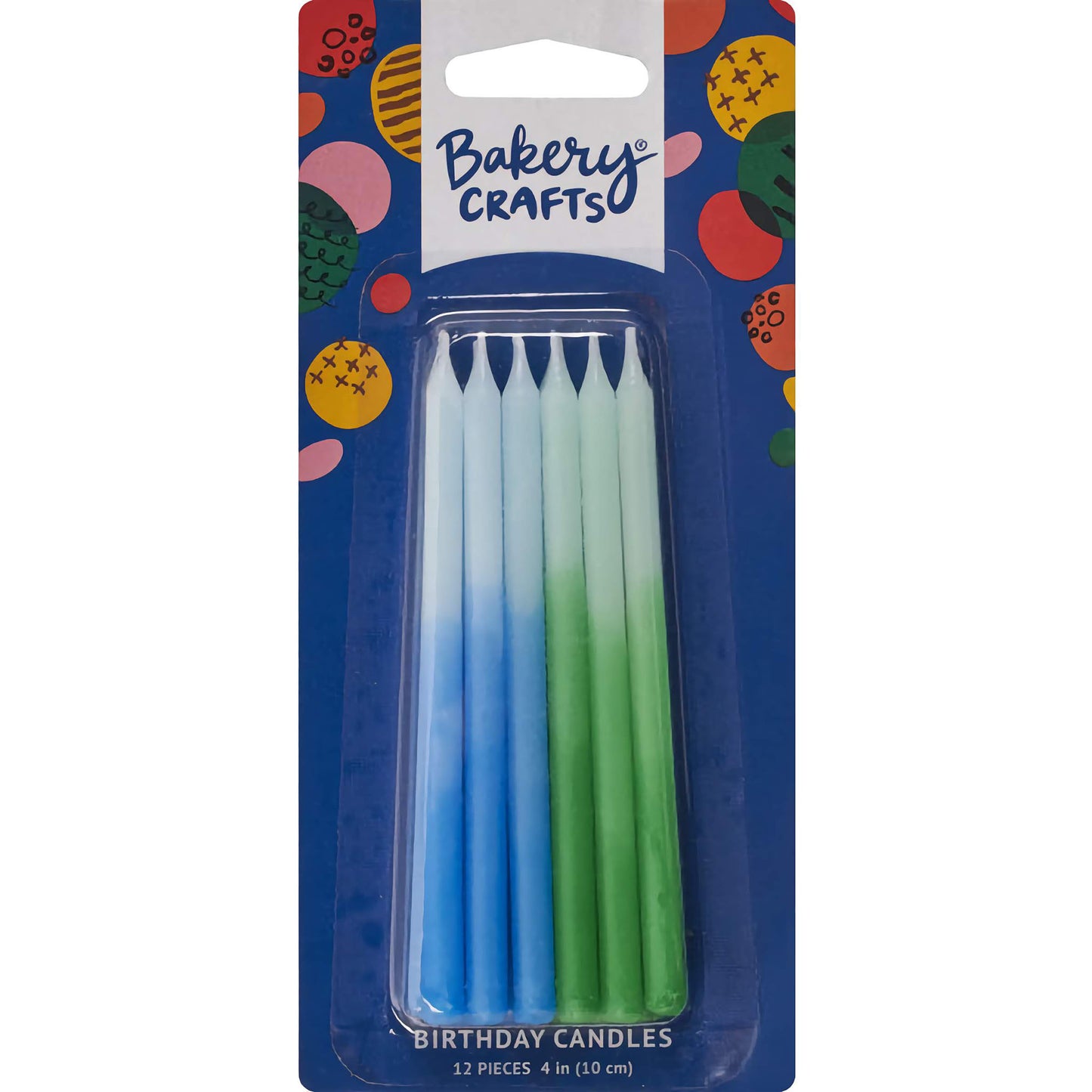 Package of 12 Bakery Crafts Blue & Green Ombre Birthday Candles, with 6 ombre blue and 6 ombre green candles, each 4 inches (10 cm) tall.