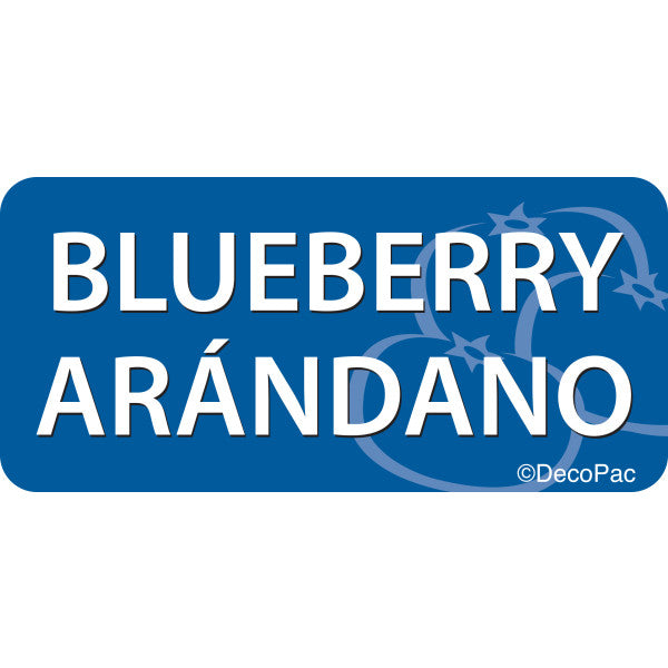 Blue label with the words "Blueberry" and "Arándano" in bold white letters and a subtle outline of blueberries in the background.