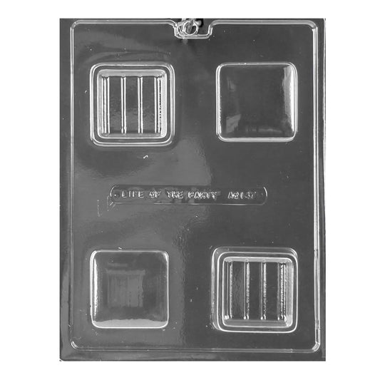Chocolate mold with four simple, square cavities designed for creating small, plain box-shaped chocolates, ideal for personalized treats or gift box decorations.