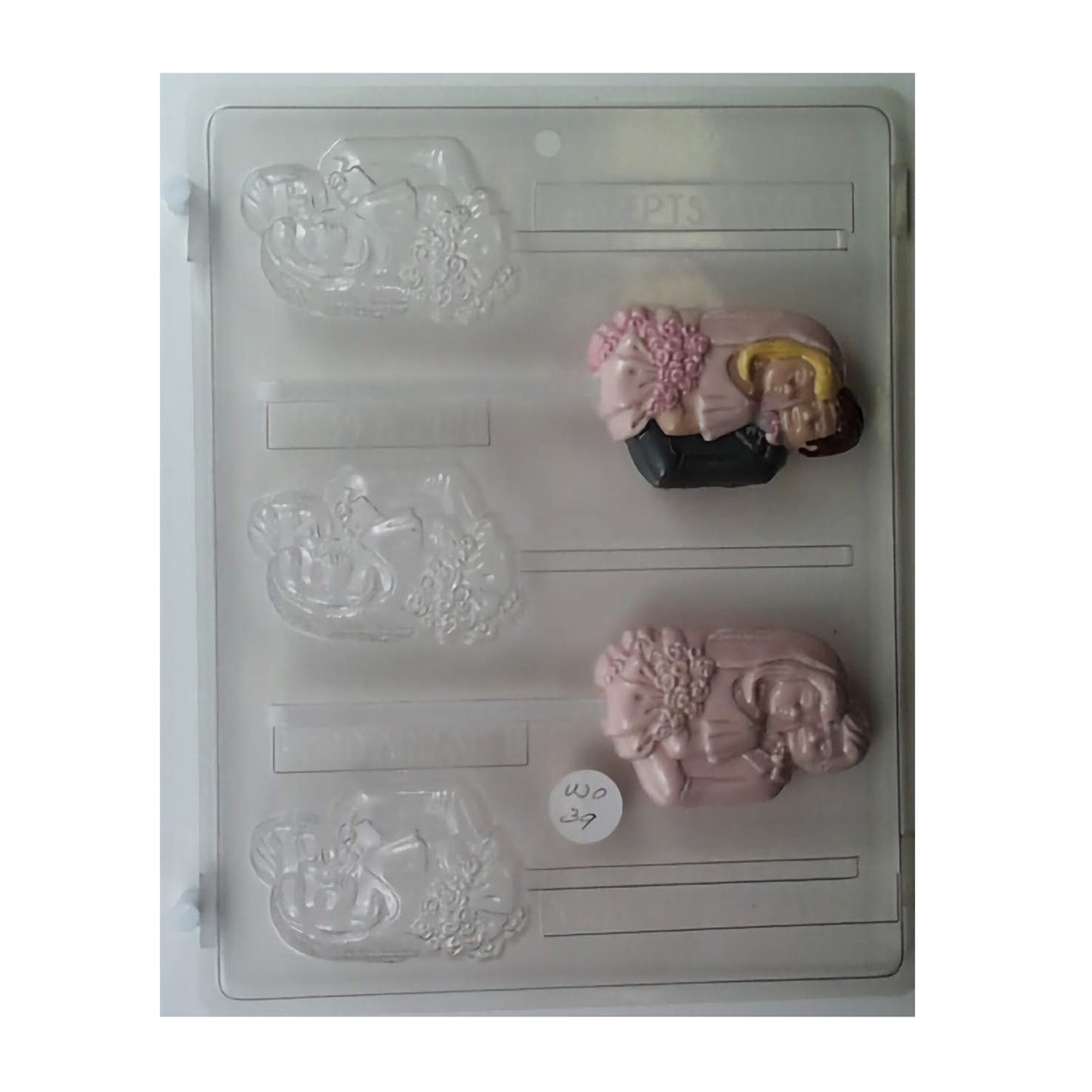 Chocolate mold with a bride and groom in a front-facing pose, ideal for creating wedding lollipop favors, with intricate details like a bouquet and formal attire.