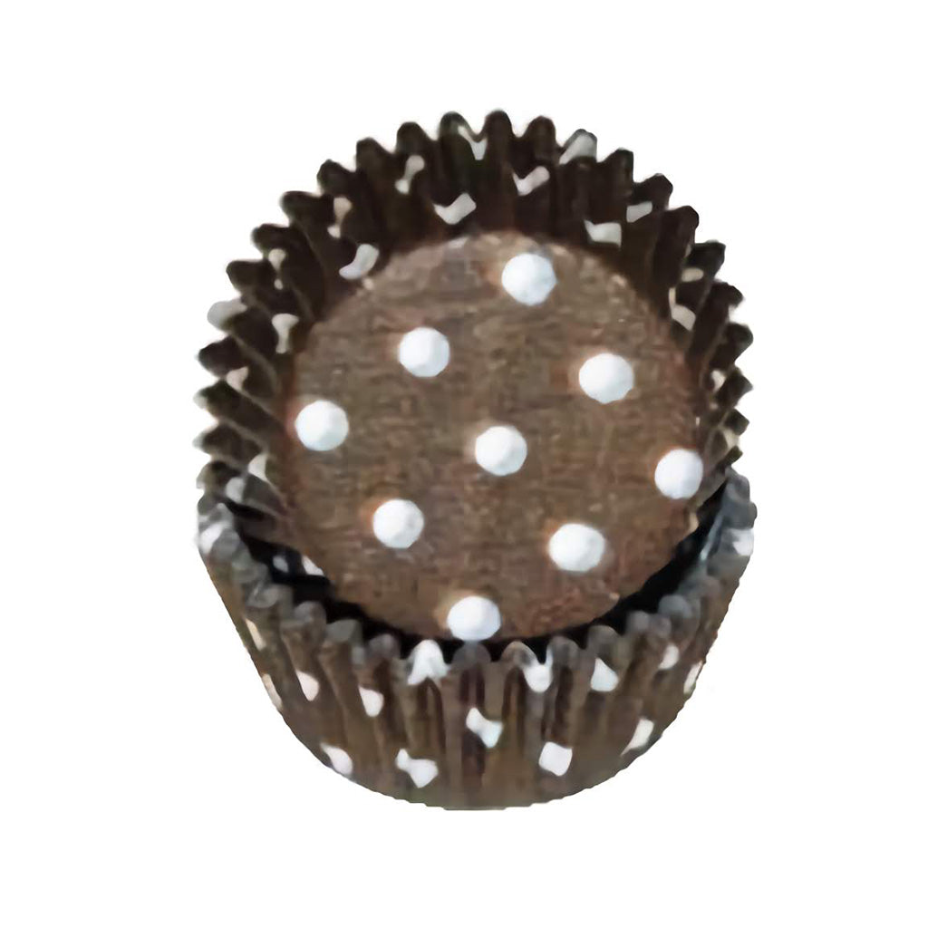 Brown mini cupcake liner with white polka dots, stacked pair