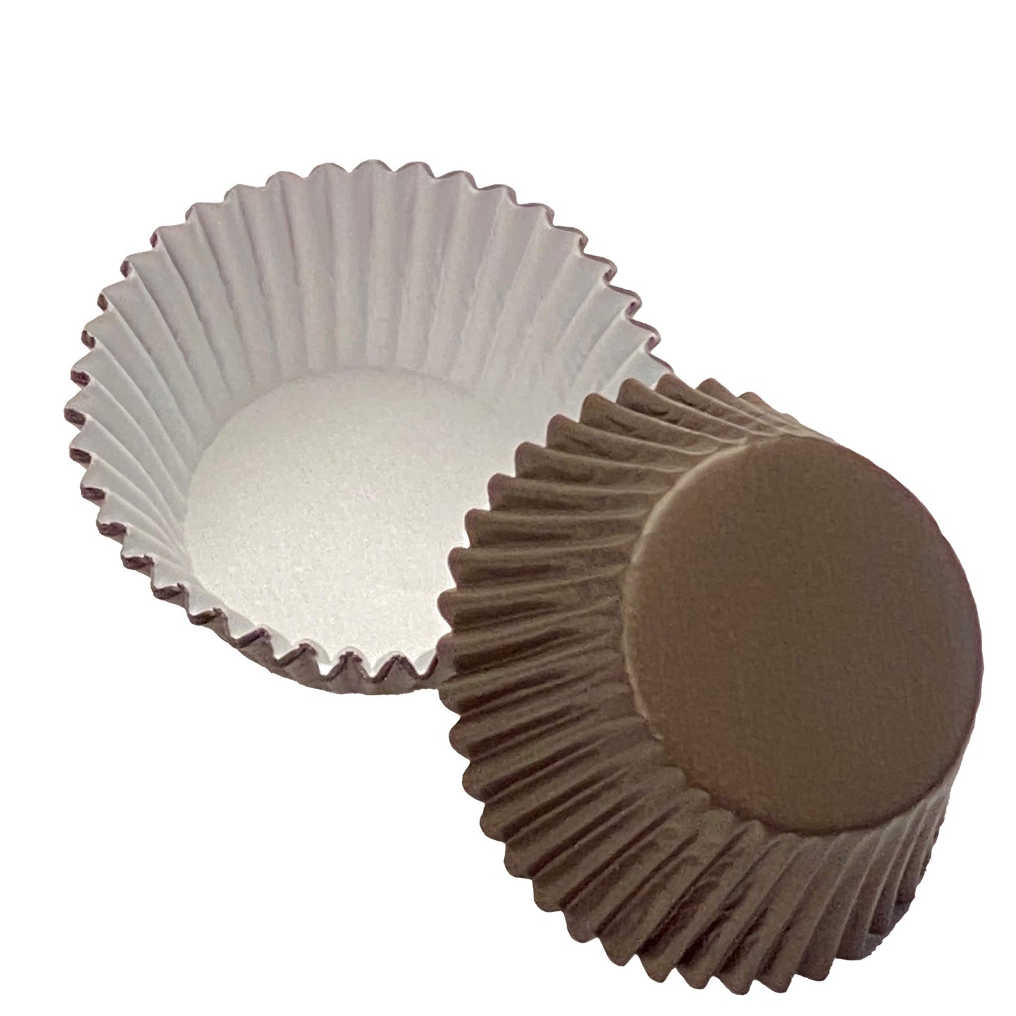 Standard-sized brown foil baking cups, shown both open and stacked. The cups have a shiny, reflective brown exterior with a white interior, providing a classic and versatile look for various baking needs.