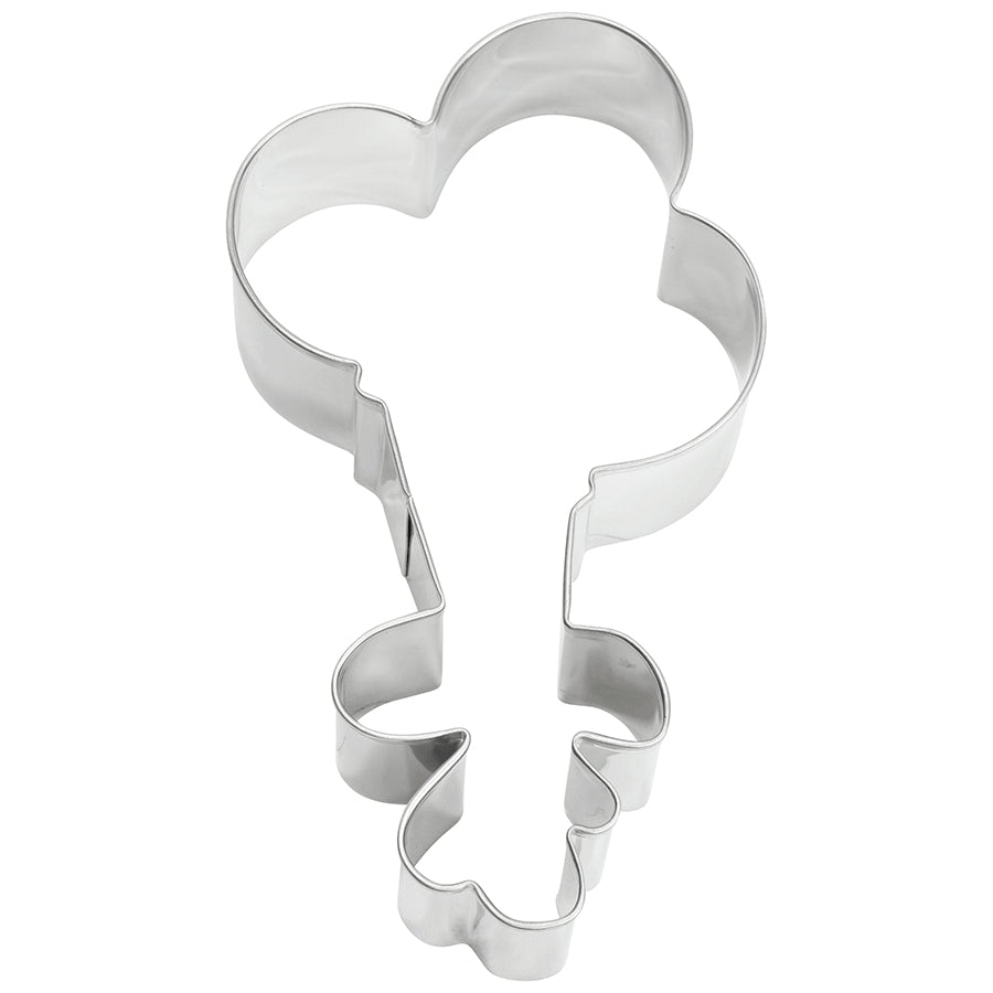 Top-down view of a balloon bunch cookie cutter featuring three rounded balloons and tied ribbons.
