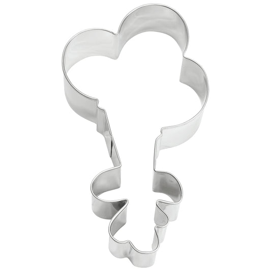 Top-down view of a balloon bunch cookie cutter featuring three rounded balloons and tied ribbons.
