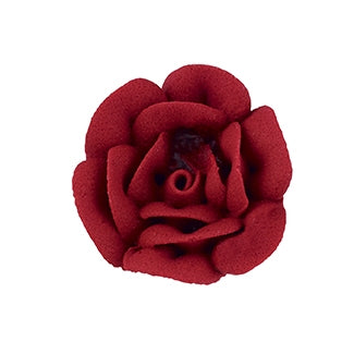 Burgundy royal icing rose with spiral petal design for bold cake décor.