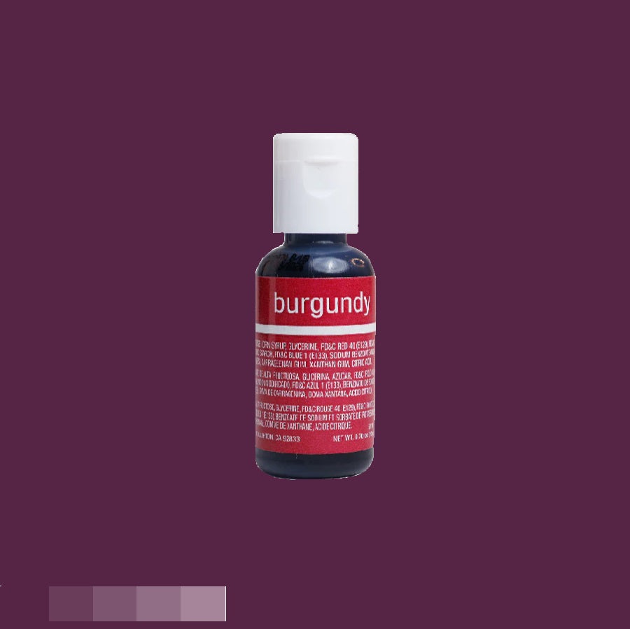 Displayed is a bottle of chefmaster food coloring with a rich, dark red color, labeled "burgundy". The white cap complements the darkly tinted label, which lists the ingredients and product details in white text, matched to the deep red gel inside the bottle.