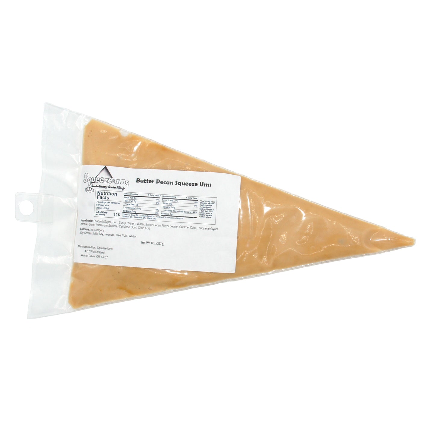 Butter Pecan Truffle Filling Squeeze-Ums in an 8 oz bag, premium confectionery filling for truffles and chocolates.