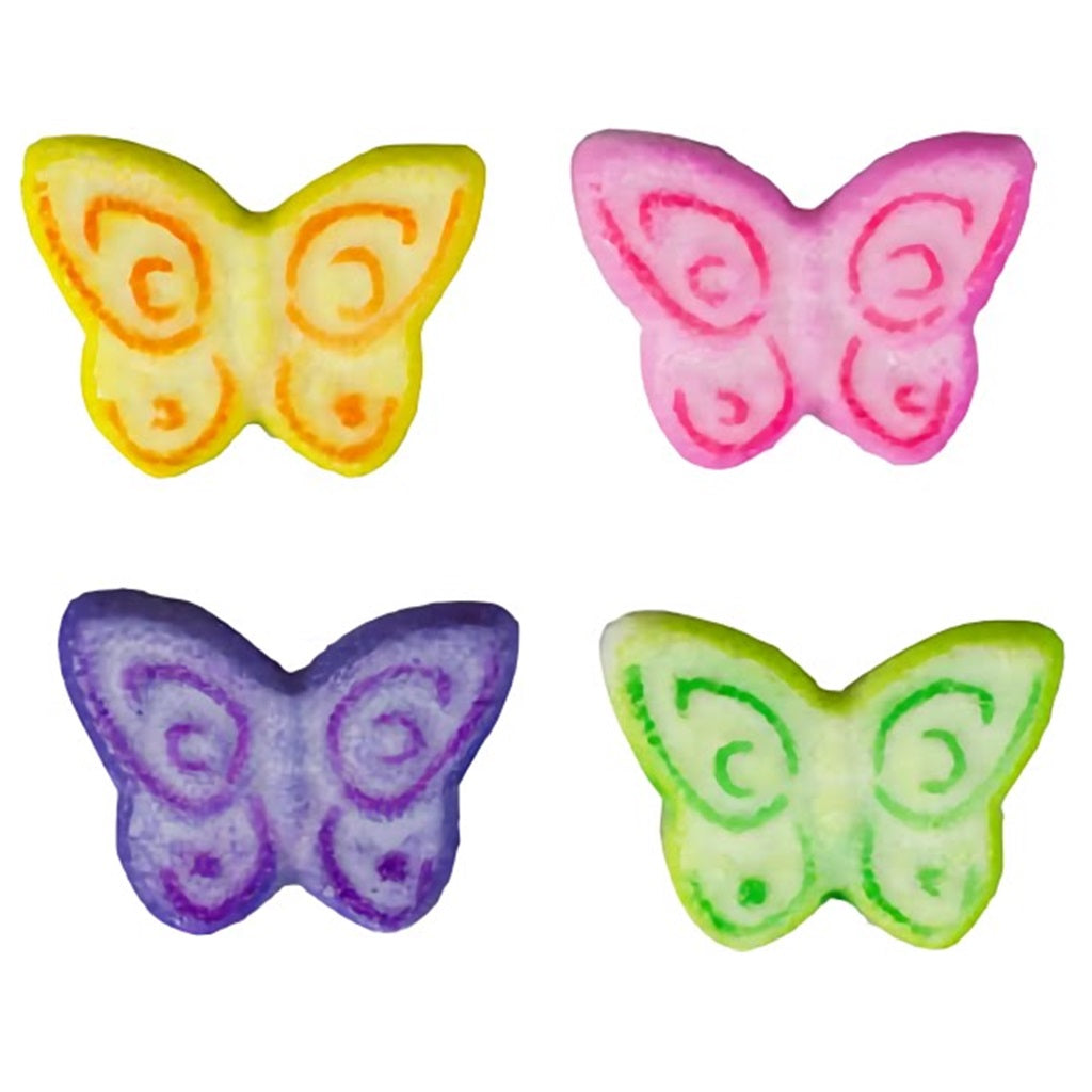 Watercolor-style pressed sugar butterflies with gradient hues and swirl patterns, adding a whimsical touch to dessert decorations.