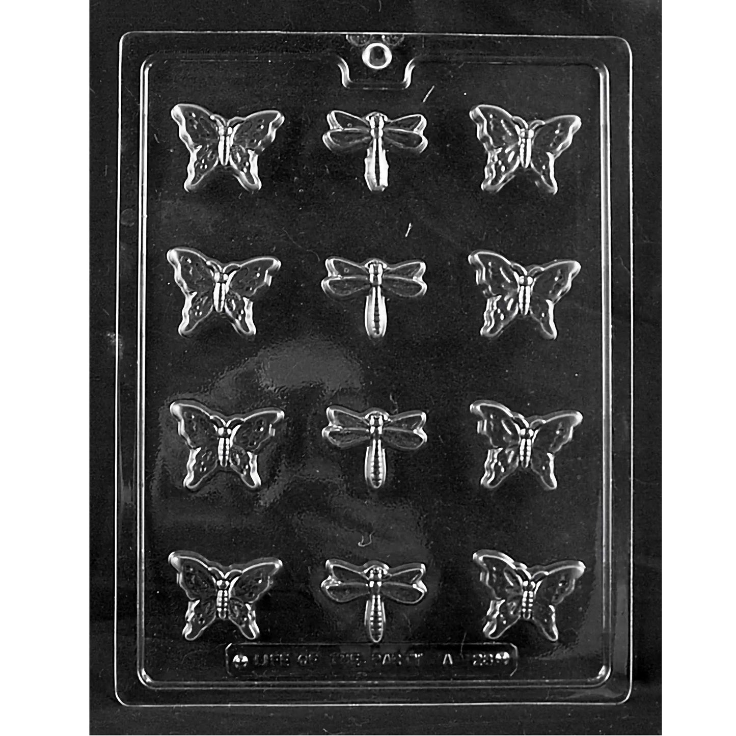Chocolate mold designed to create bite-sized butterflies and dragonflies, perfect for garden-themed parties, spring events, or as a whimsical touch to any dessert spread. The mold features a variety of butterfly and dragonfly shapes, allowing for a charming assortment of chocolates that capture the delicate details of these enchanting creatures.