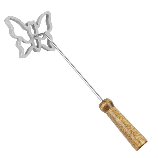 Butterfly rosette mold attached to a long handle with wooden grip for frying.