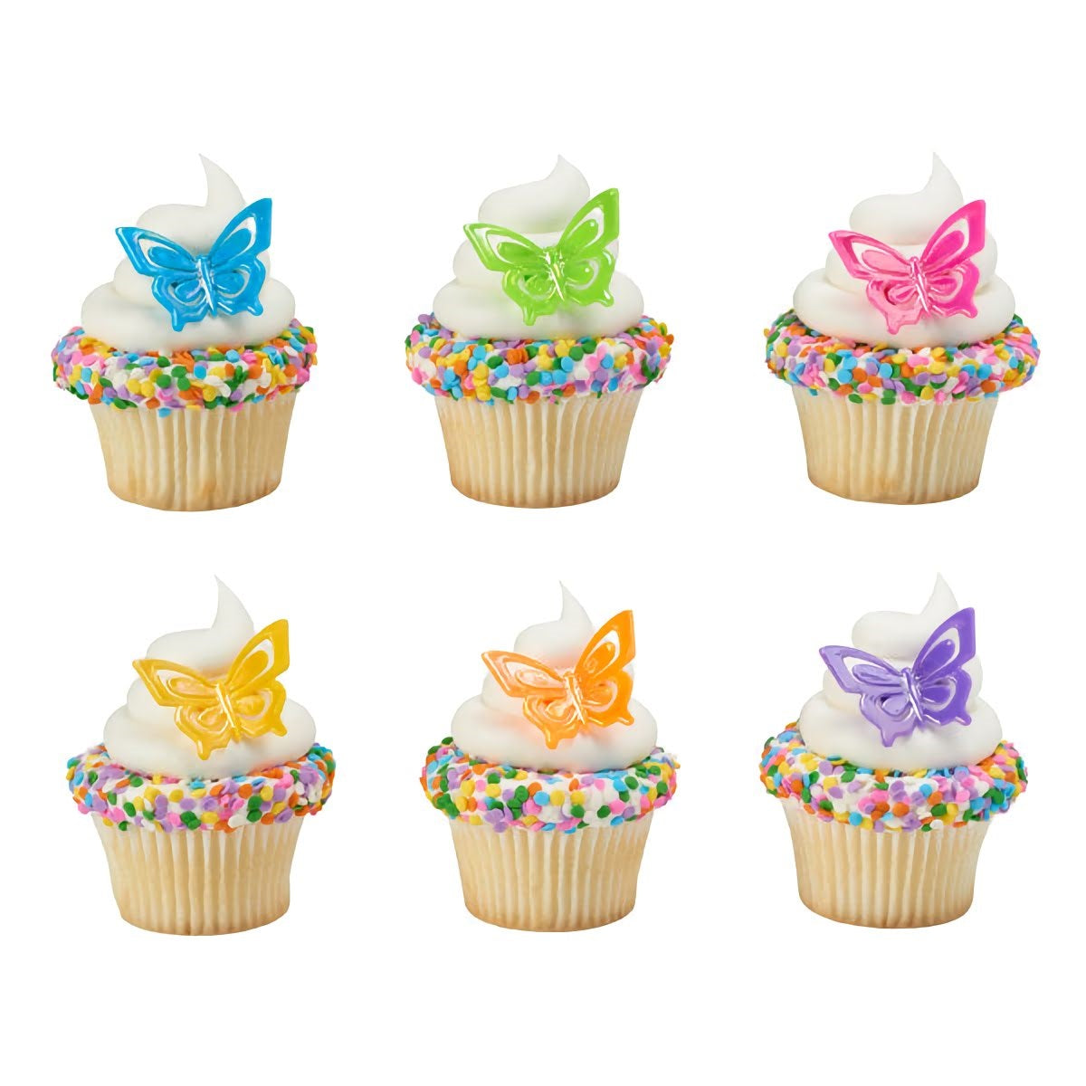 Intricately designed butterfly toppers in various vibrant colors: blue, green, pink, yellow, orange, and purple, creating a whimsical touch perfect for springtime celebrations or as charming additions to a nature-themed party.