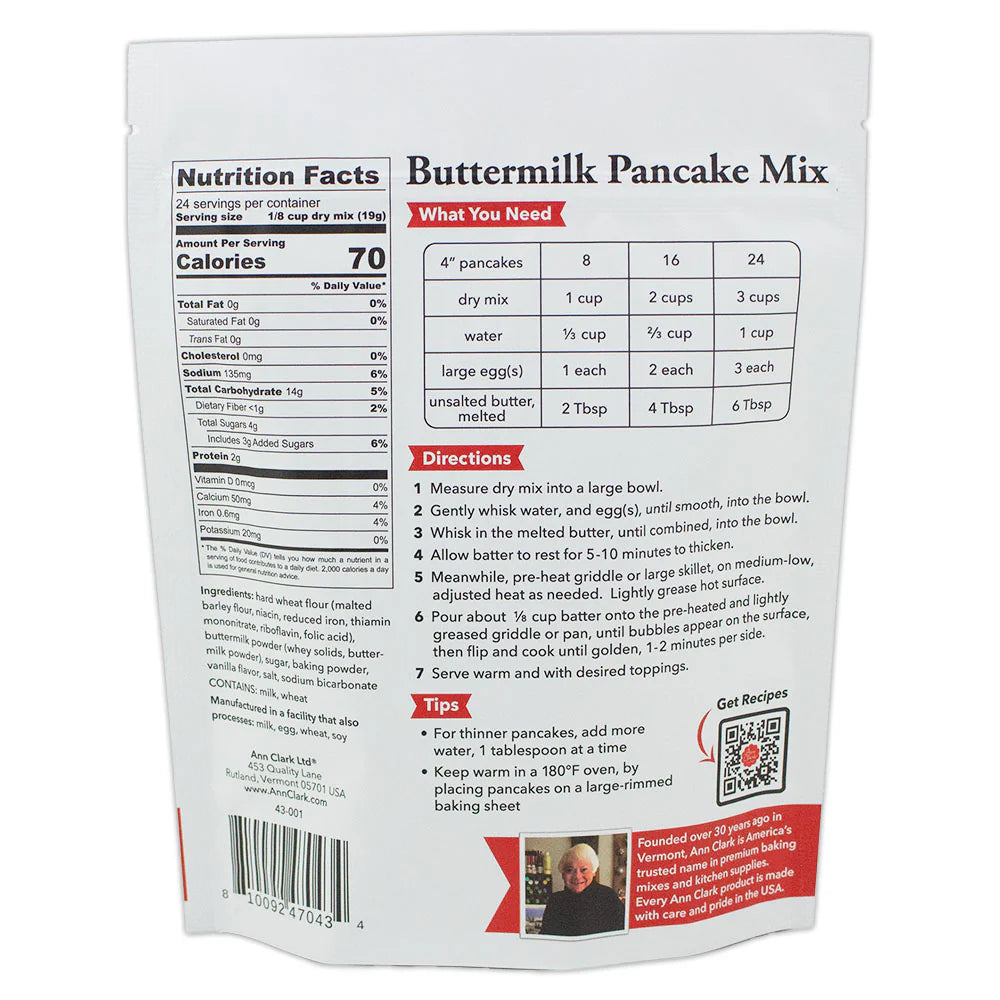 Back of Ann Clark Buttermilk Pancake Mix package showing detailed ingredient list, preparation instructions, nutrition facts, and tips for perfect pancakes.
